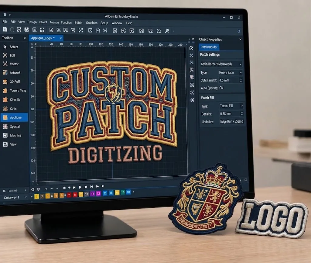 A custom patch design in Wilcom, with finished crest and logo patches